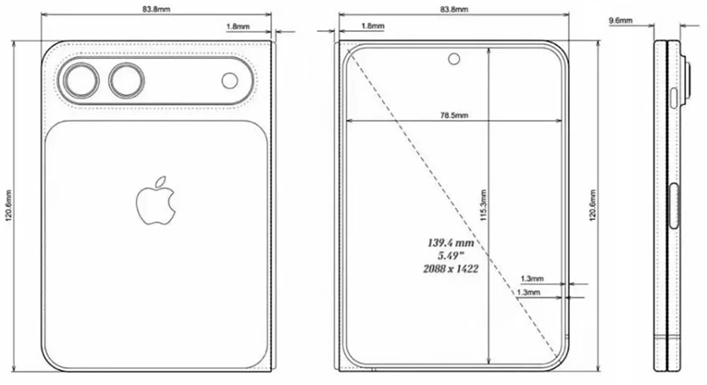 Le design et les mesures supposés de l'iPhone pliable